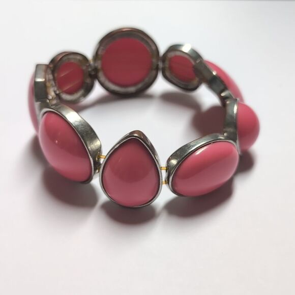 218 Silver with Pink‎ Stones Geometric Shapes Link Bracelet - Picture 4 of 5